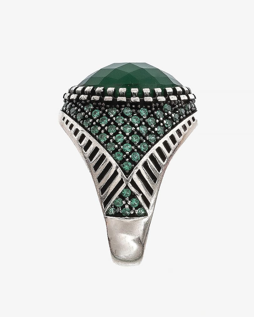 خاتم رجالي فضة عقيق يماني أخضر ملكي عيار 925