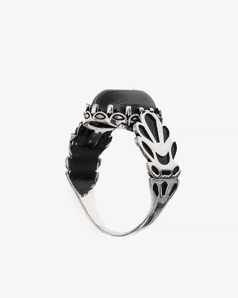 خاتم رجالي فضة عيار 925 عقيق يماني أسود طبيعي