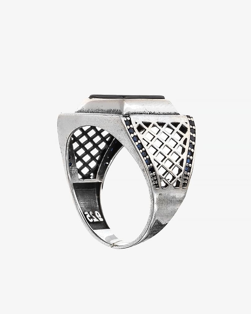 خاتم رجالي فضة 925 عقيق أسود مرصع زركون ملون