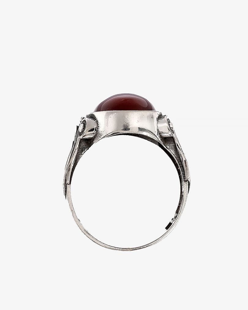 خاتم رجالي فضة عقيق يمني بني طبيعي عيار 925