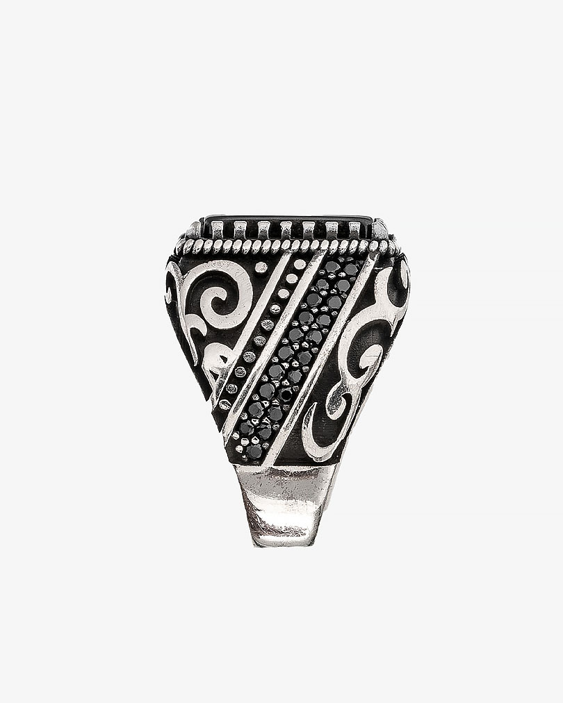 خاتم فضة عيار 925 عقيق يماني أسود بزركون