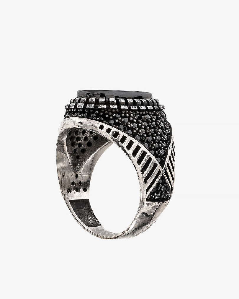 خاتم رجالي فضة عيار 925 عقيق يماني أسود ملكي نقش مربع