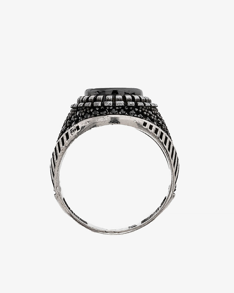 خاتم رجالي فضة عيار 925 عقيق يماني أسود ملكي نقش مربع