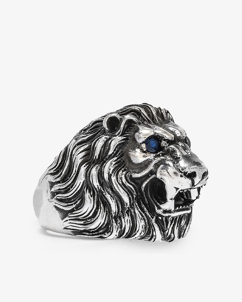 خاتم رجالي فضة عيار 925 نحت رأس أسد بزركون أزرق