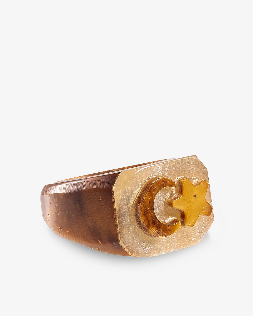 خاتم كوك طبيعي منقوش هلال ونجمة بحجر أبيض