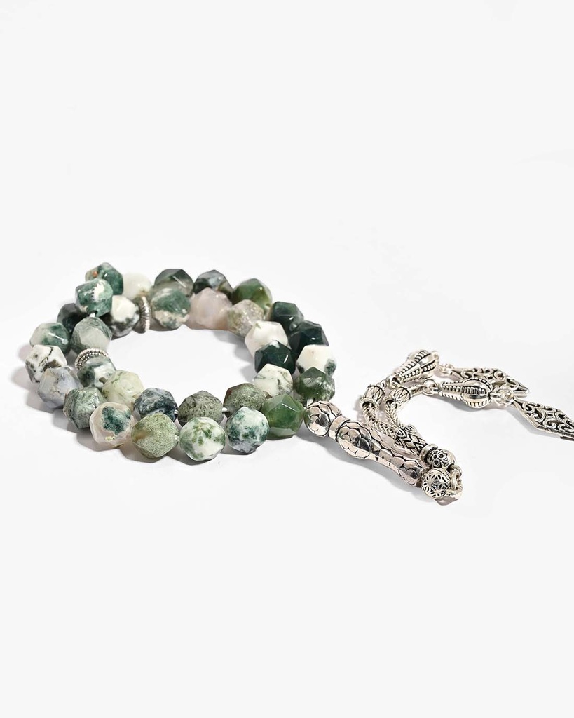 سبحة حجر عقيق اخضر وابيض انيق