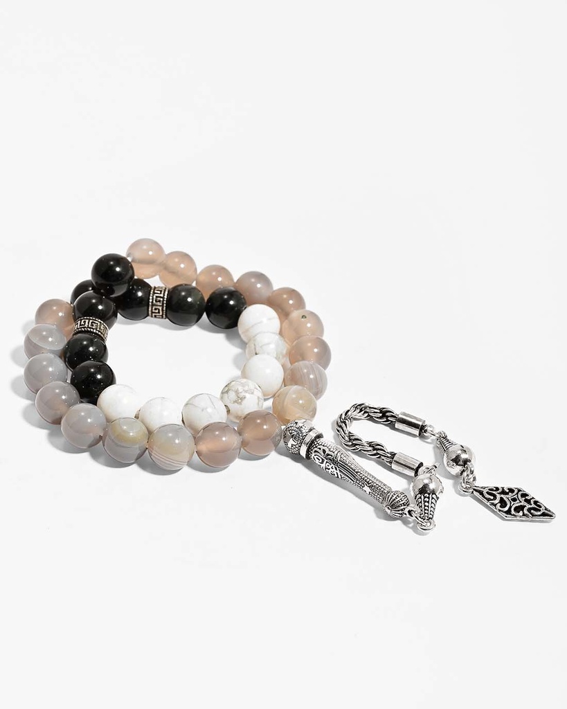 سبحة باحجار كريمة هولايت وعقيق وزجاج بركاني