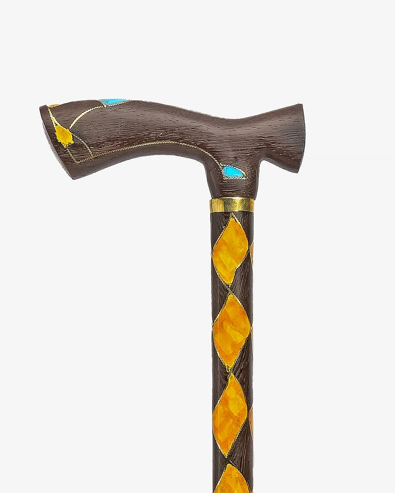 عكاز خشب ايبانوس مزين كهرمان وحجر فيروز يدوي