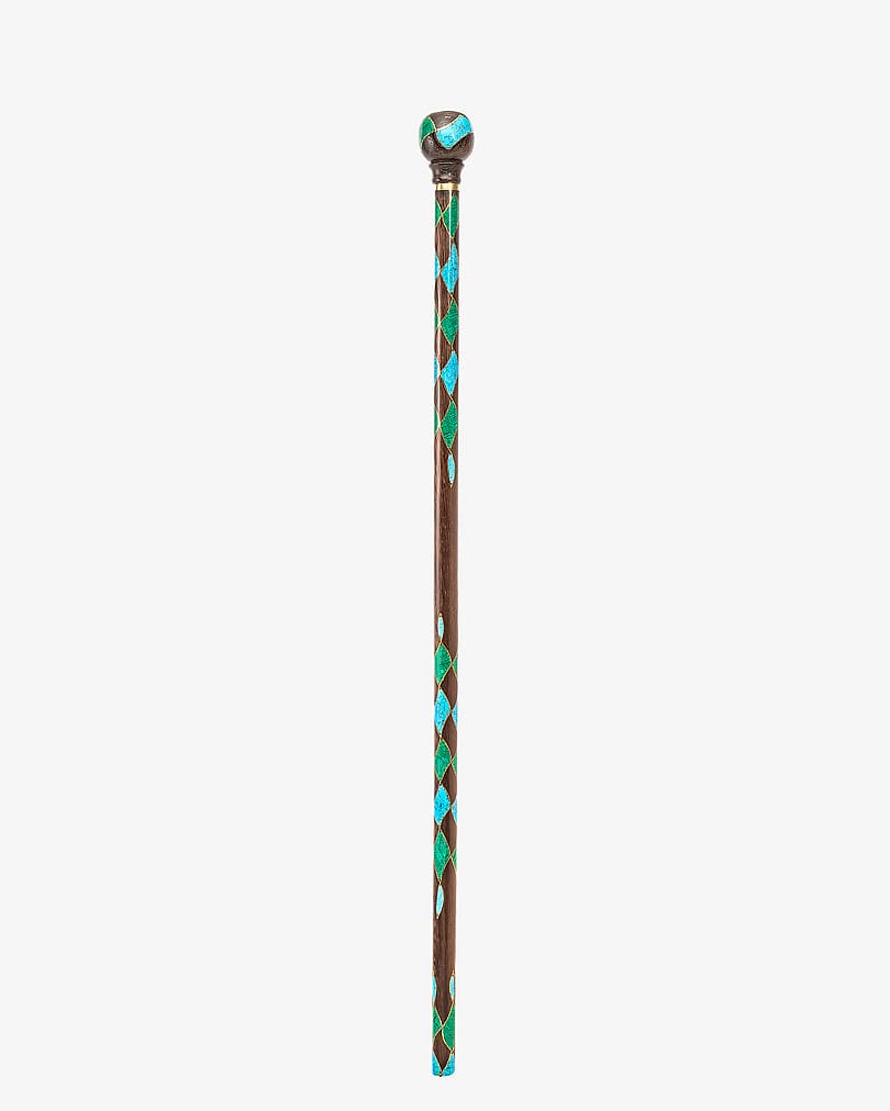 Natural Vengean Wood Lapis Lazuli and Malachite Decorated Crutch Stick
