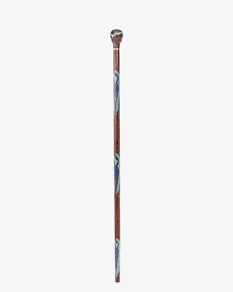 Natural Vengean Wood Decorated Crutch Stick Turquoise and Lapis Lazuli