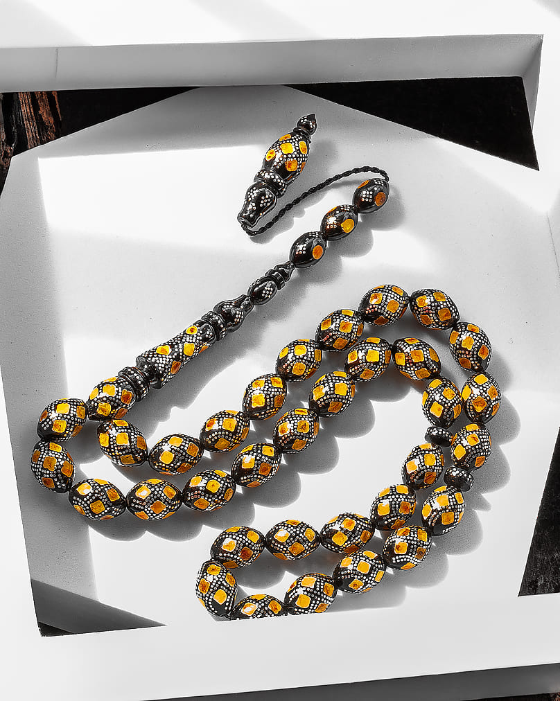 Natural Yusr Rosary decorated with silver and amber-like