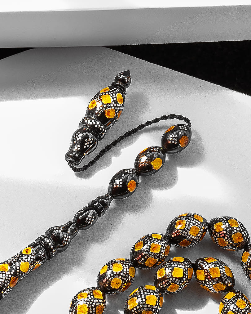 Natural Yusr Rosary decorated with silver and amber-like