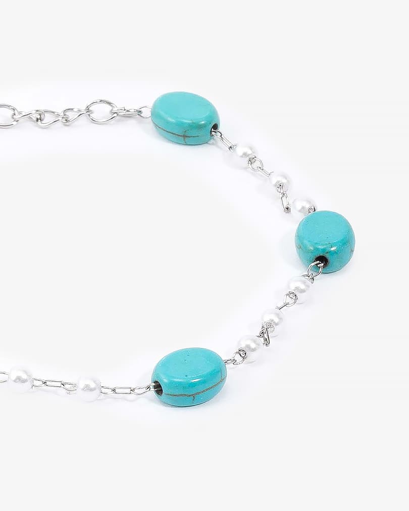 سوار فضية راقية بحجر الفيروز الطبيعي واللؤلؤ