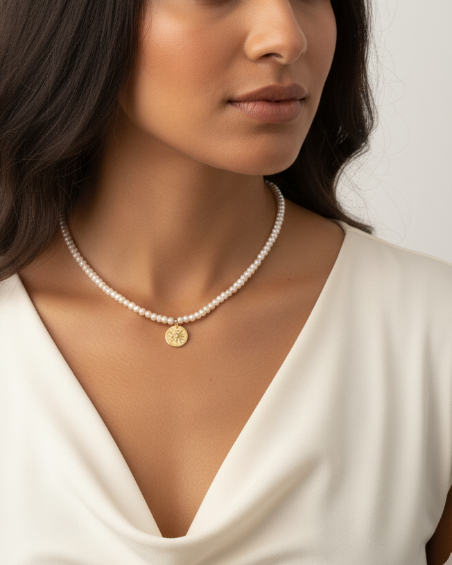 سلسلة لؤلؤ طبيعي مع دلاية ذهبية