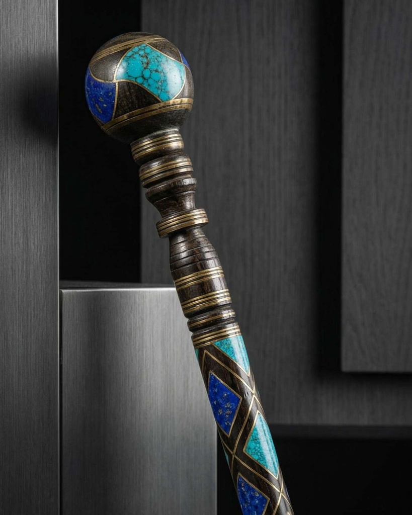 عصا عكاز ايبانوس مزخرف لازورد وفيروز طبيعي فاخر