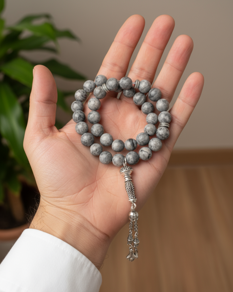سبحة حجر يشب رمادي بعروق