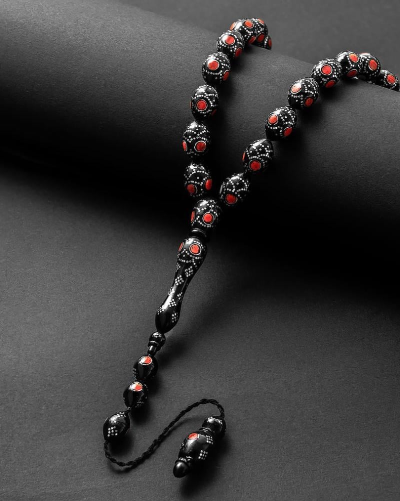 سبحة فضة كوك طبيعي منقوش مرجان احمر