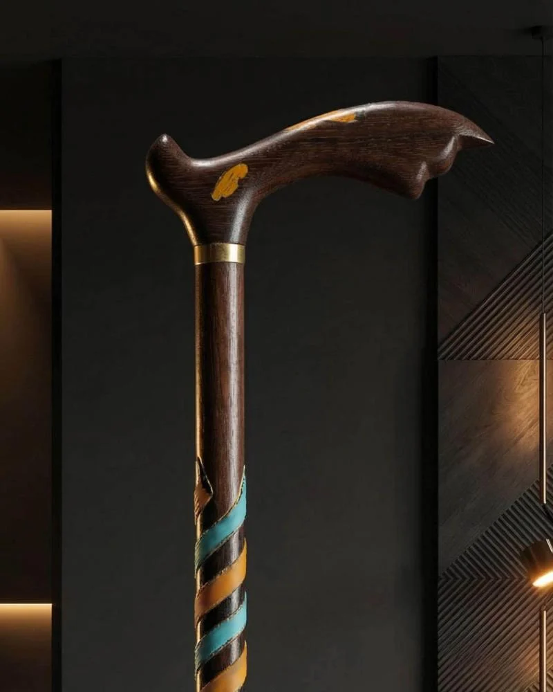 عصا عكاز خشب فنجي طبيعي بفيروز طبيعي ولازورد أصلي