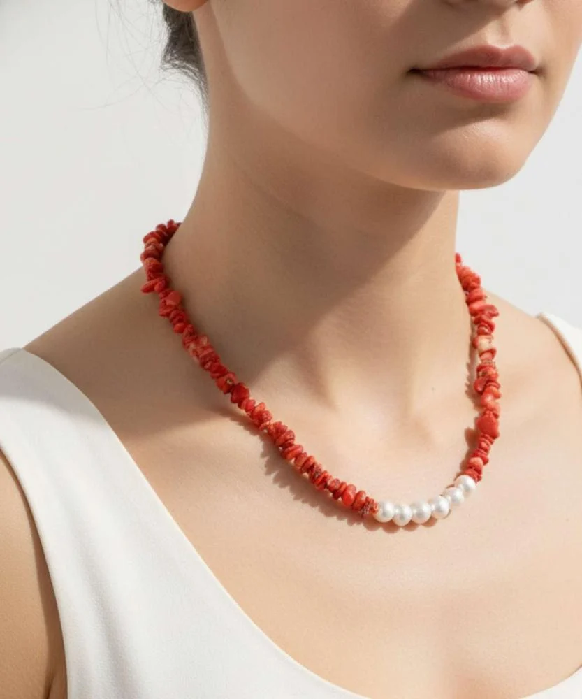 عقد مرجان أحمر مع لؤلؤ طبيعي