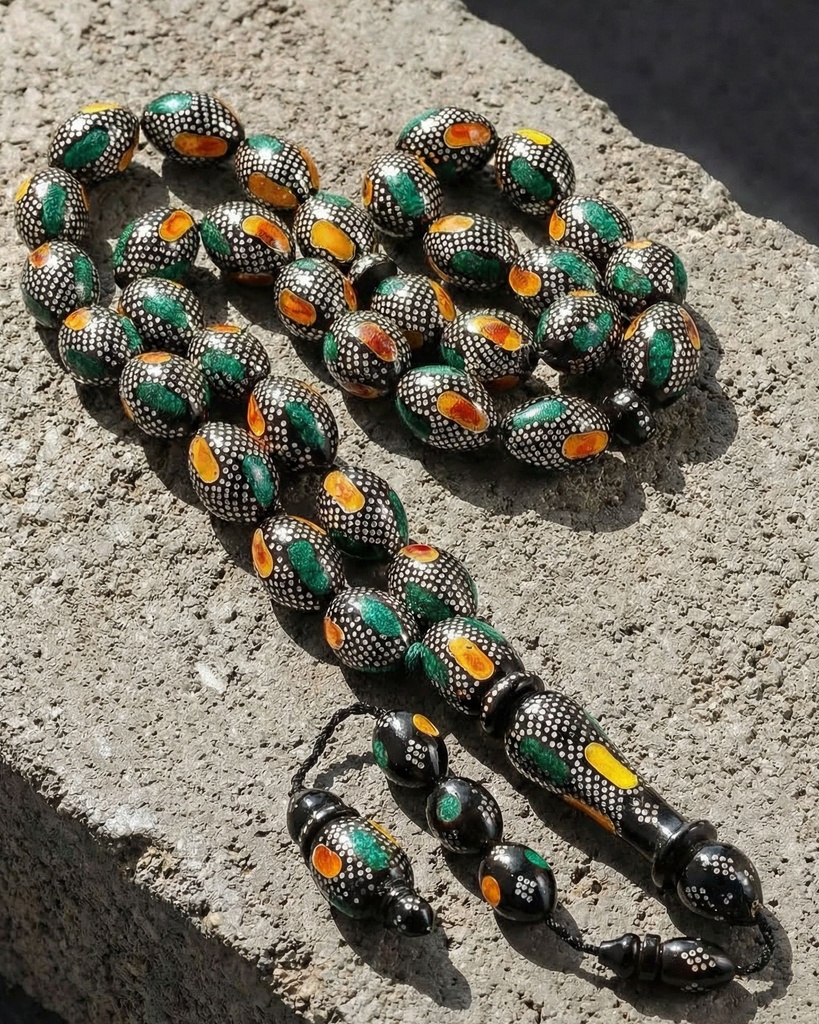 سبحة يسر مرصع بفضة وملاكيت وشبيه الكهرمان