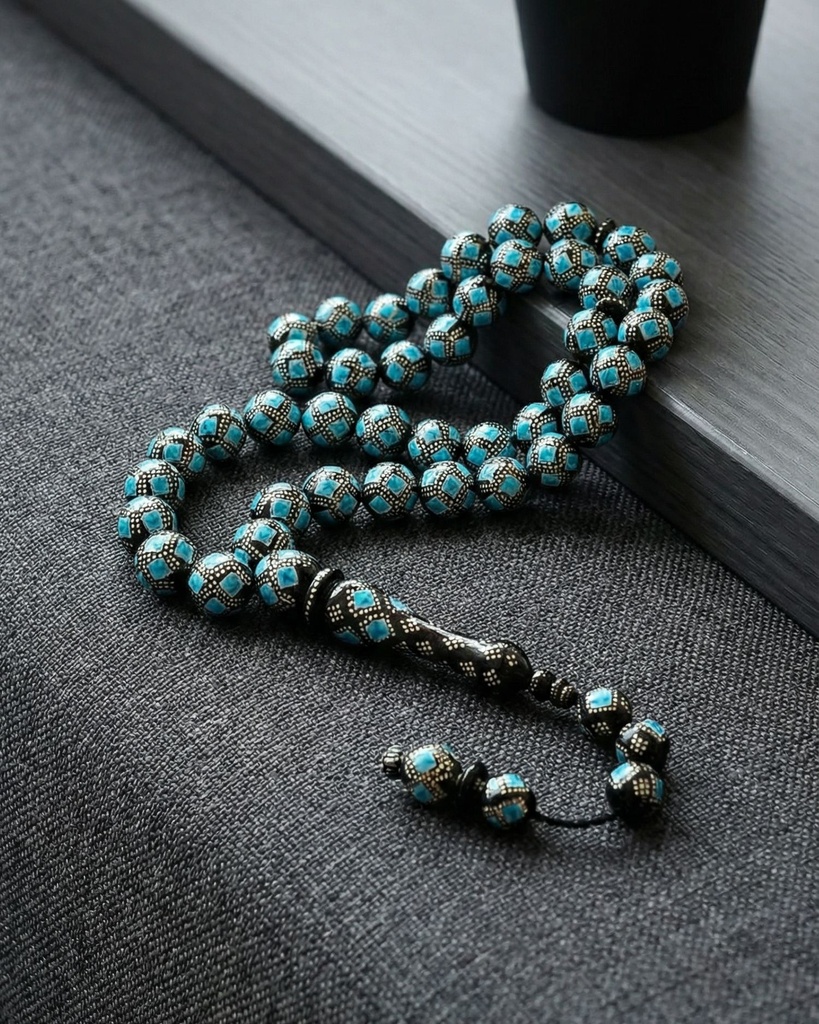 سبحة كوك طبيعي مرصعة بالفضة شبيه الفيروز