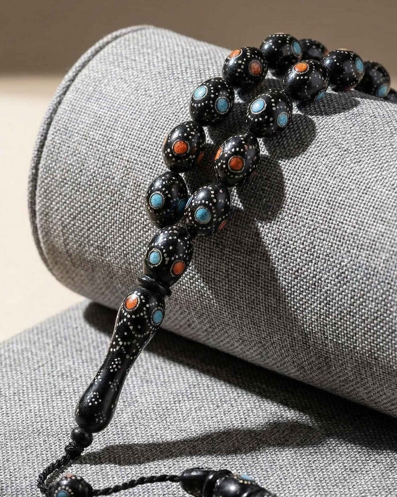 سبحة فضة كوك طبيعي منقوش بفيروز ومرجان