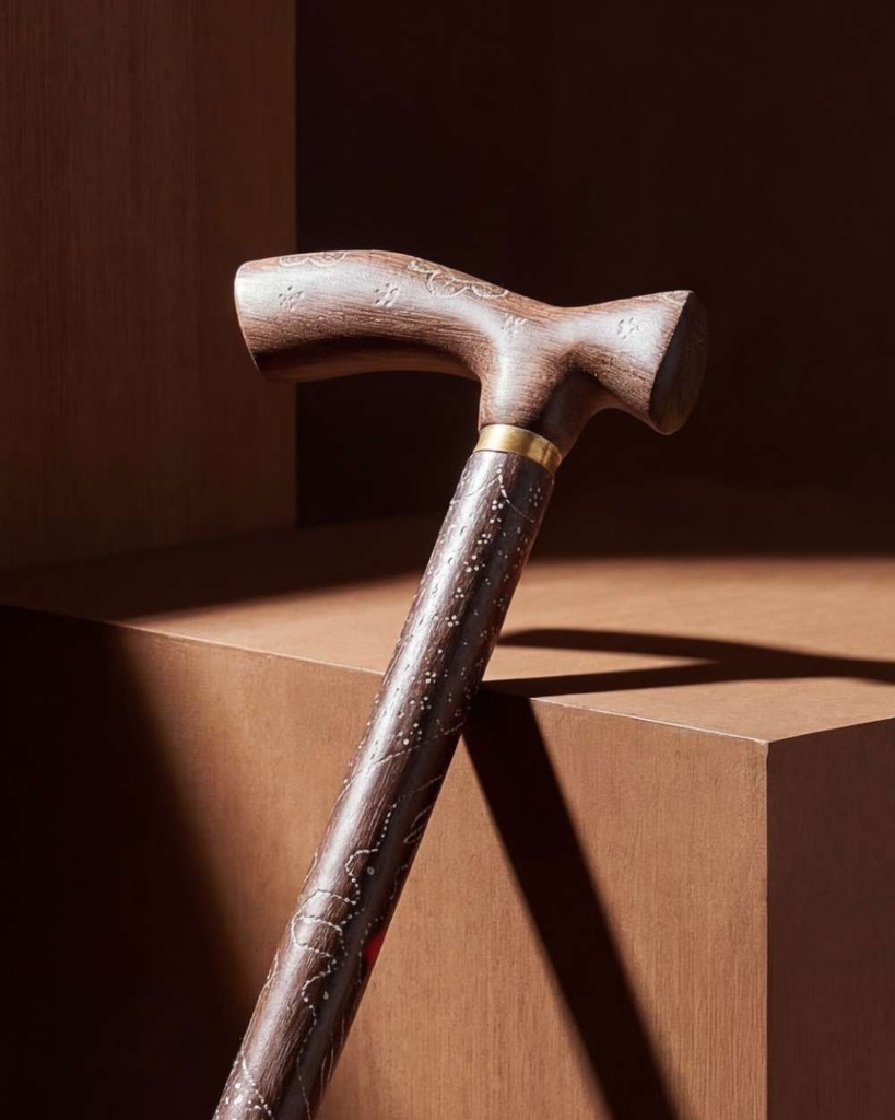 عصا عكاز خشب ايبانوس مزين مرجان احمر