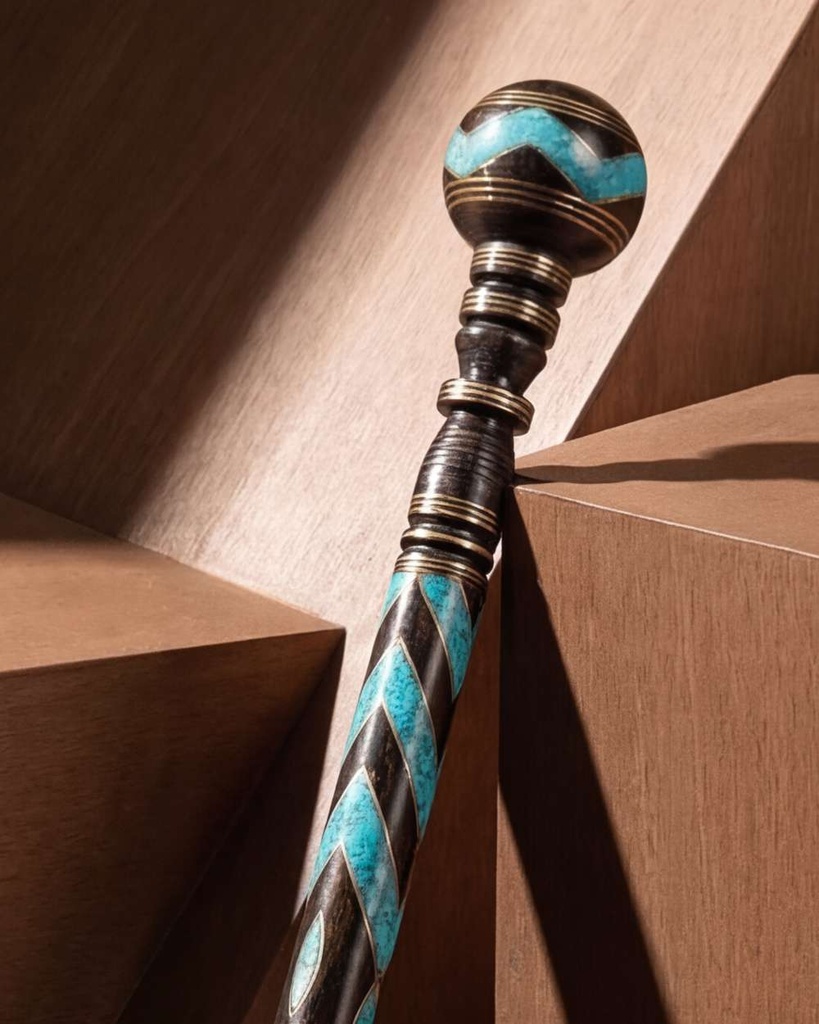 عصا عكاز خشب ايبانوس مطعمة شبيه فيروز طبيعي أنيقة