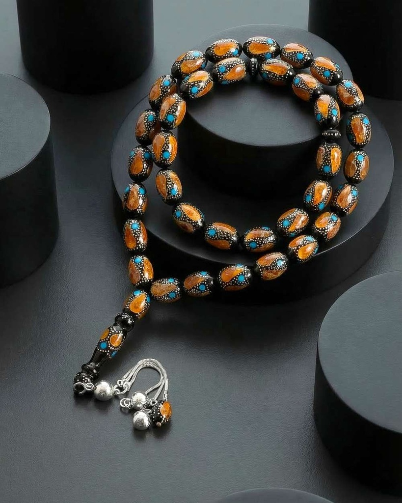 سبحة كوك مزخرف بفضة وشبيه الكهرمان وفيروز