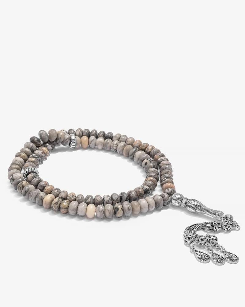 سبحة فضة حجر يشب رمادي 99 خرزة